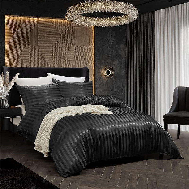 Satin Bettwäsche Set 200x220 Glänzend Glanzsatin Gestreifte Schwarze Bettwäsche Set Sommer Glatt Sei