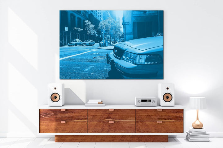 deyoli klassische Taxis in New York Format 80x60 Effekt: Monocrome Blau als Leinwandbild, Motiv fert