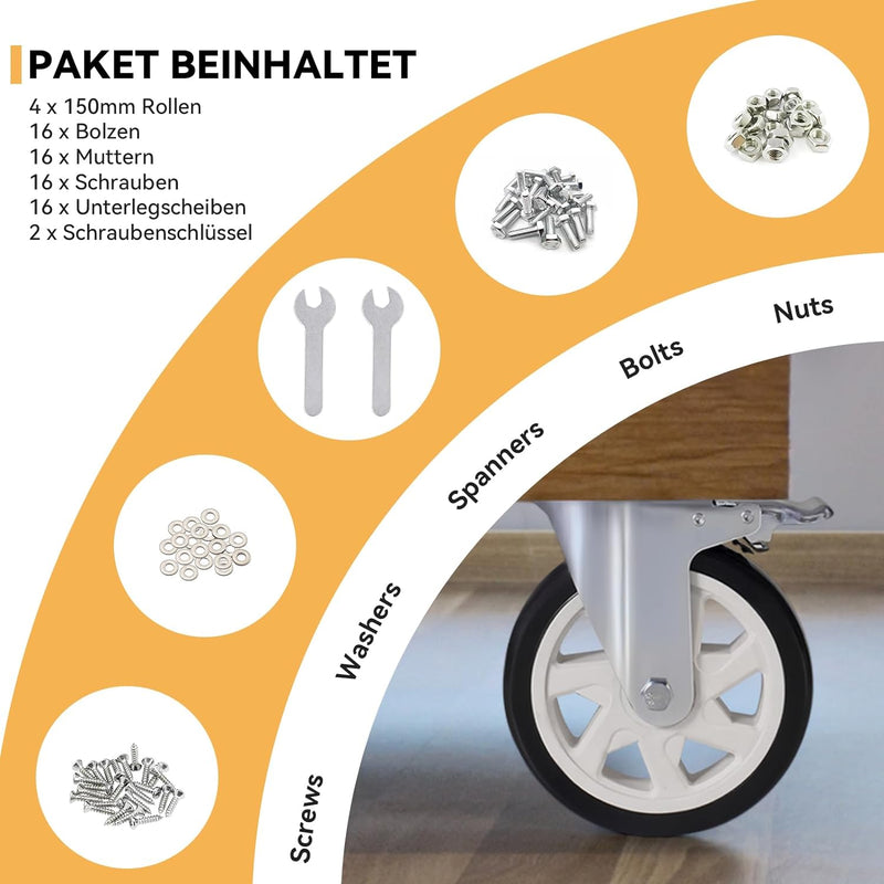 BAOLIHUI 4er Set Lenkrollen für Möbel 150MM Möbelrollen mit Bremse Schwerlastrollen 1000kg Schwerlas