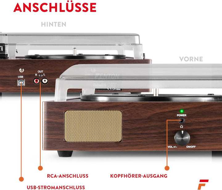 Fenton RP106DW Plattenspieler mit Lautsprecher und USB Anschluss zum Digitalisieren, Line Out, Rieme