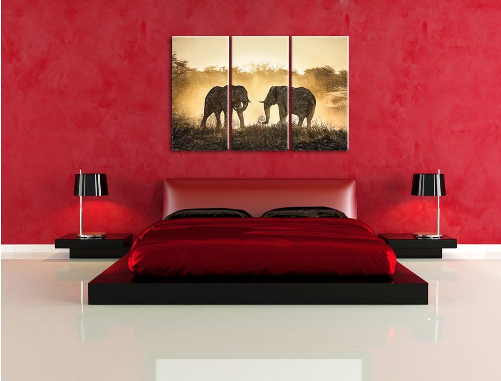 Pixxprint kämpfende Elefanten / 3-Teilig/Gesamtmass 120cm Leinwandbild bespannt auf Holzrahmen/Wandb