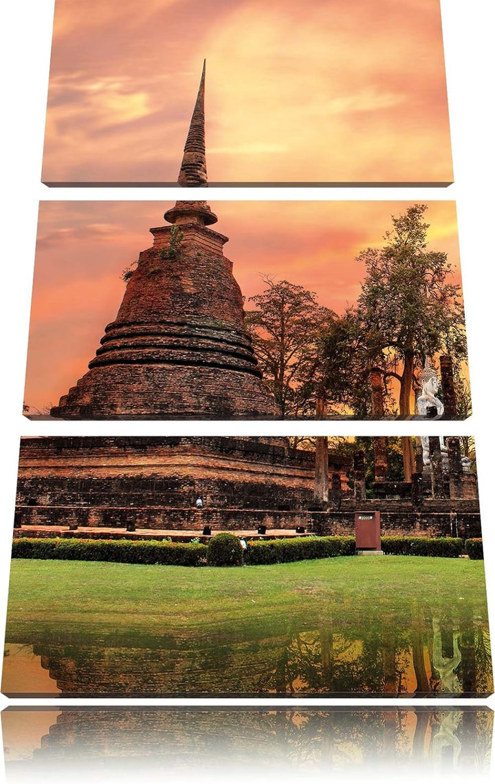Pixxprint Buddha Tempel im Sonnenuntergang 3-Teiler Leinwandbild 120x80 Bild auf Leinwand