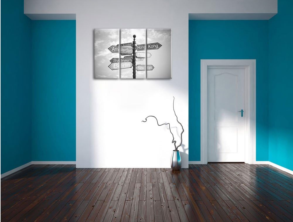 Pixxprint Städte Wegweiser Kunst B&W als Leinwandbild | Grösse: 3 Teilig (120x80) | Wandbild| Kunstd