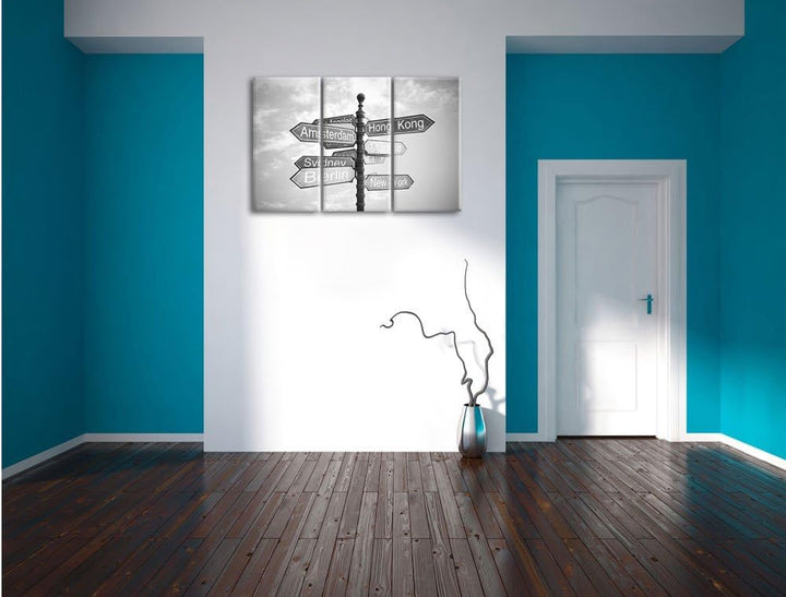 Pixxprint Städte Wegweiser Kunst B&W als Leinwandbild | Grösse: 3 Teilig (120x80) | Wandbild| Kunstd