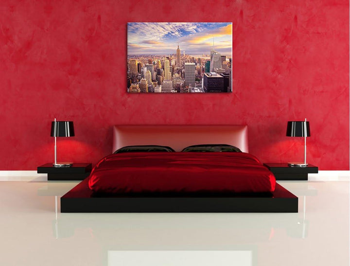 Skyline von New York bei Sonnenuntergang Format: 100x70 auf Leinwand, XXL riesige Bilder fertig gera