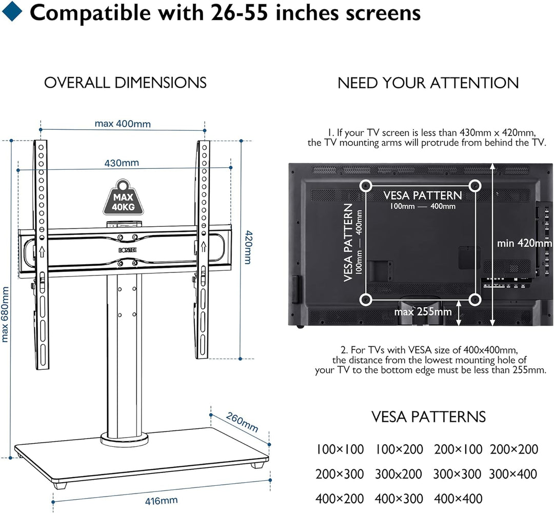 BONTEC TV Standfuss TV Ständer Fernseher Standfuss Schwenkbar für 26-55 Zoll LCD LED OLED Plasma Fla