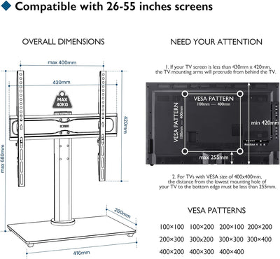 BONTEC TV Standfuss TV Ständer Fernseher Standfuss Schwenkbar für 26-55 Zoll LCD LED OLED Plasma Fla