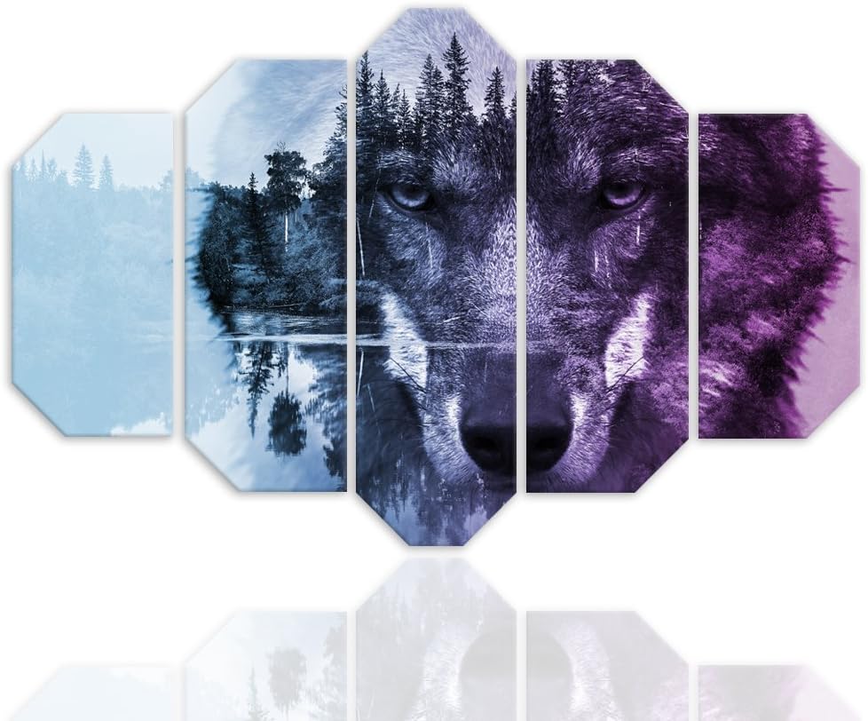Wandbild XXL 5 tlg Natur Deko Kunst Bild Wolf Violett 200x100 cm Deko Paneel 200x100 cm Violett_A, D