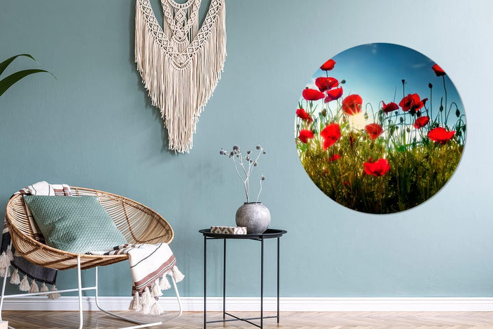 MuchoWow Wandbild Rund Wanddeko Deko Wohnzimmer Bilder 90x90 cm Mohnblumen - Toskana - Sonne - Rot -