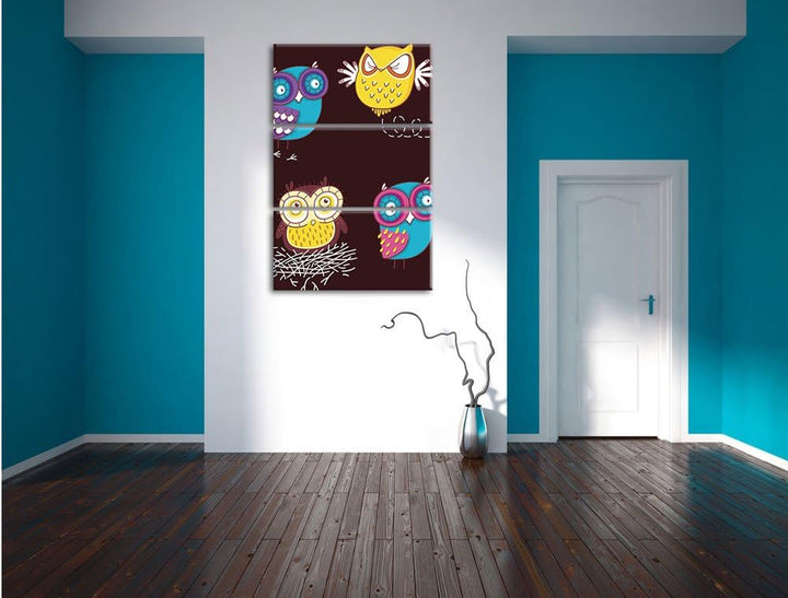 Pixxprint Verrückte Eulen für Kinder als Leinwandbild/Grösse: 3 Teilig (120x80) cm/Wandbild/Kunstdru