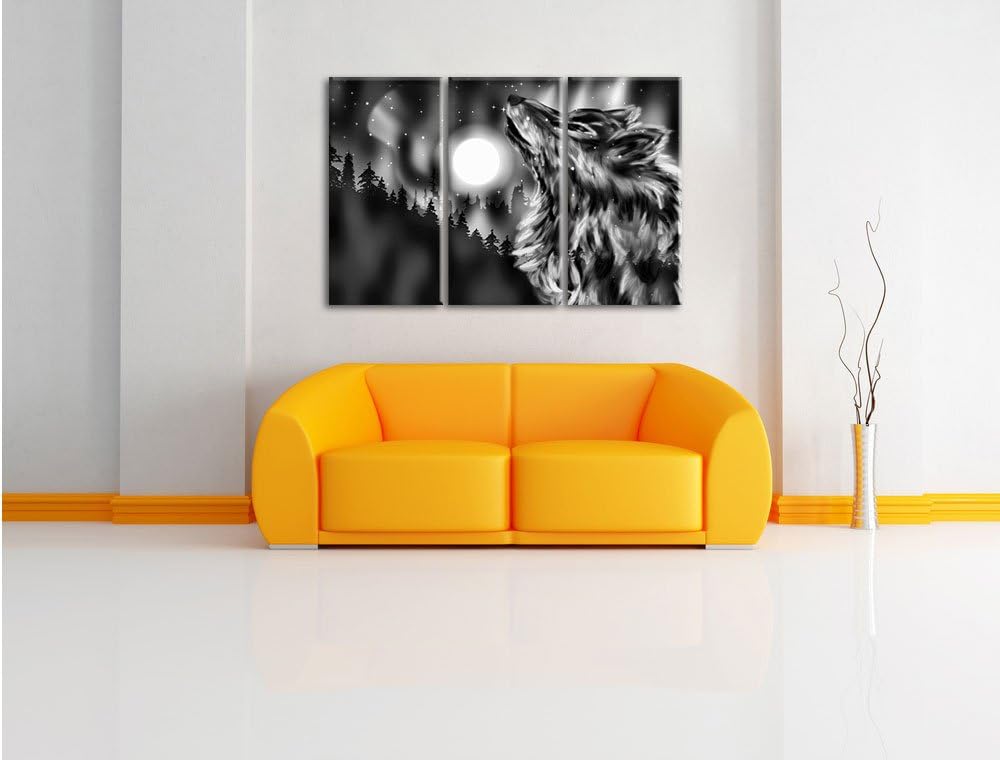 Pixxprint Abstrakter Wolf mit Mond / 3-Teilig/Gesamtmass 120cm Leinwandbild bespannt auf Holzrahmen/