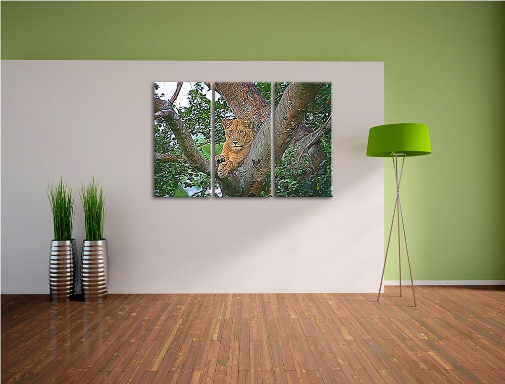 schöne Löwin auf Baum NewArt 3-Teiler Leinwandbild 120x80 Bild auf Leinwand, XXL riesige Bilder fert