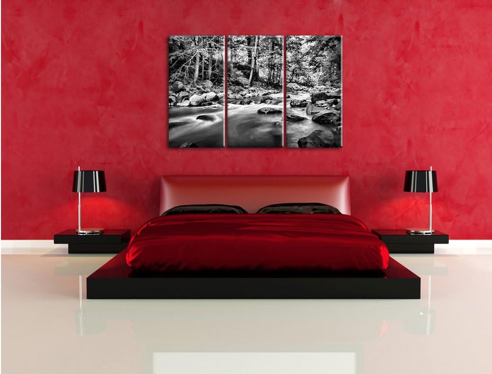 Pixxprint Fluss mit Steinen als Leinwandbild/Grösse: 3 Teilig (120x80 cm) cm/Wandbild/Kunstdruck/fer