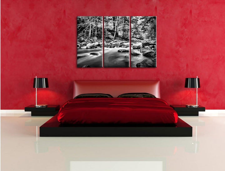 Pixxprint Fluss mit Steinen als Leinwandbild/Grösse: 3 Teilig (120x80 cm) cm/Wandbild/Kunstdruck/fer
