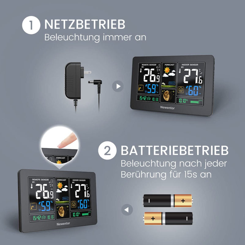 Newentor Wetterstation Funk mit 3 Aussensensoren - Funkwetterstation mit Wettervorhersage, Temperatu