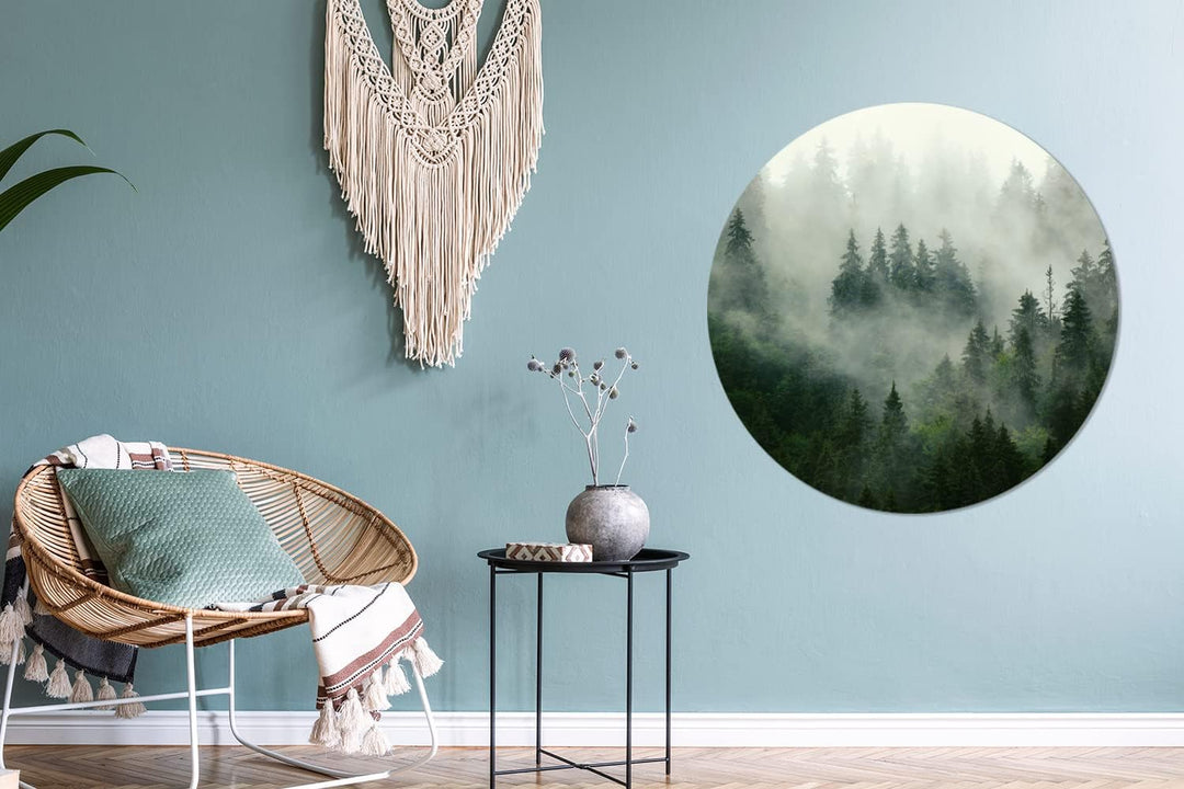 MuchoWow Wandbild Rund Wanddeko Deko Wohnzimmer Bilder 90x90 cm Wald - Nebel - Bäume - Natur, 90x90