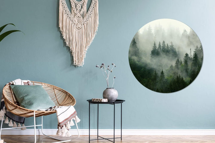 MuchoWow Wandbild Rund Wanddeko Deko Wohnzimmer Bilder 90x90 cm Wald - Nebel - Bäume - Natur, 90x90