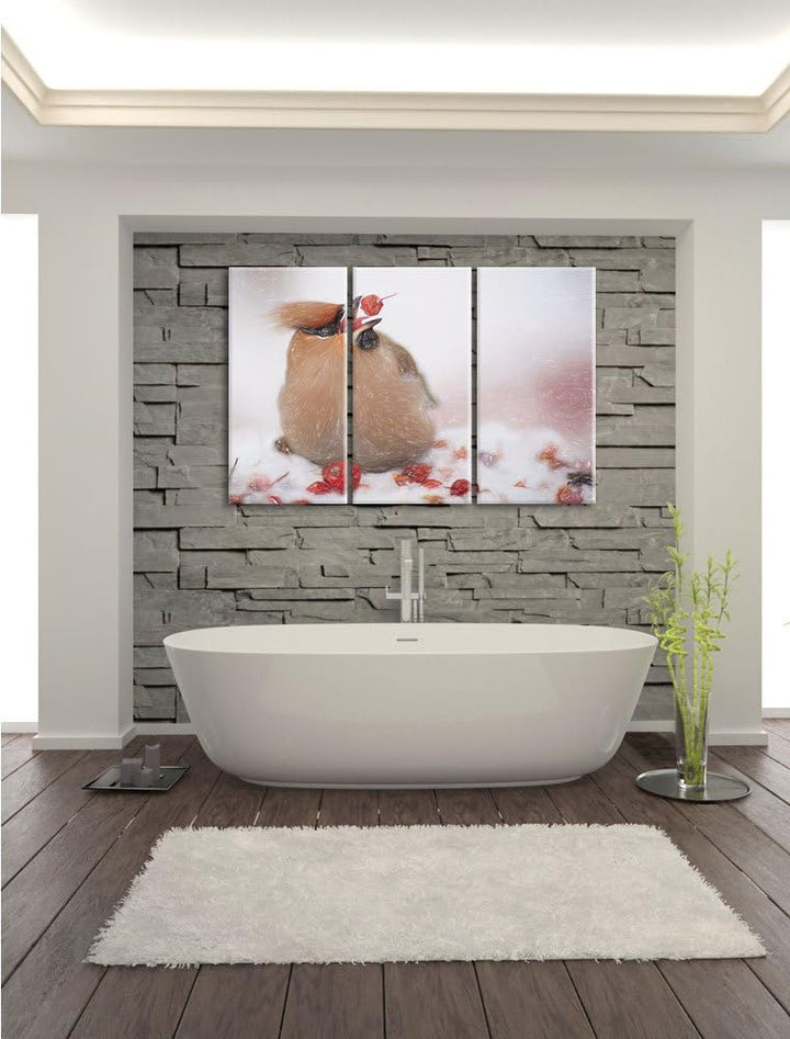 Pixxprint Kleiner Vogel im Schnee Bunstift Effekt 3-Teiler Leinwandbild 120x80 Bild auf Leinwand