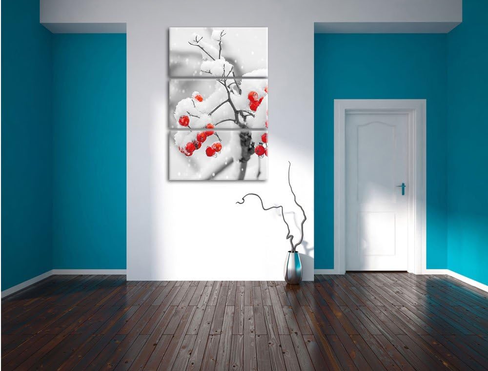 Pixxprint Rote Vogelbeeren im Winter 3-Teiler Leinwandbild 120x80 Bild auf Leinwand