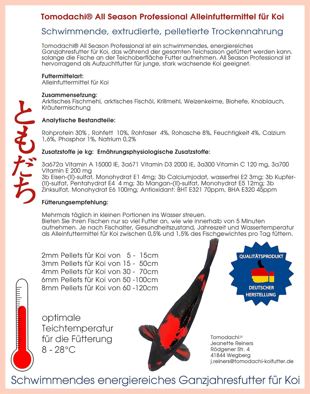 Tomodachi Koifutter, Schwimmfutter, Wachstumsfutter Koi, Energiefutter, Aufzuchtfutter Koi, Premium