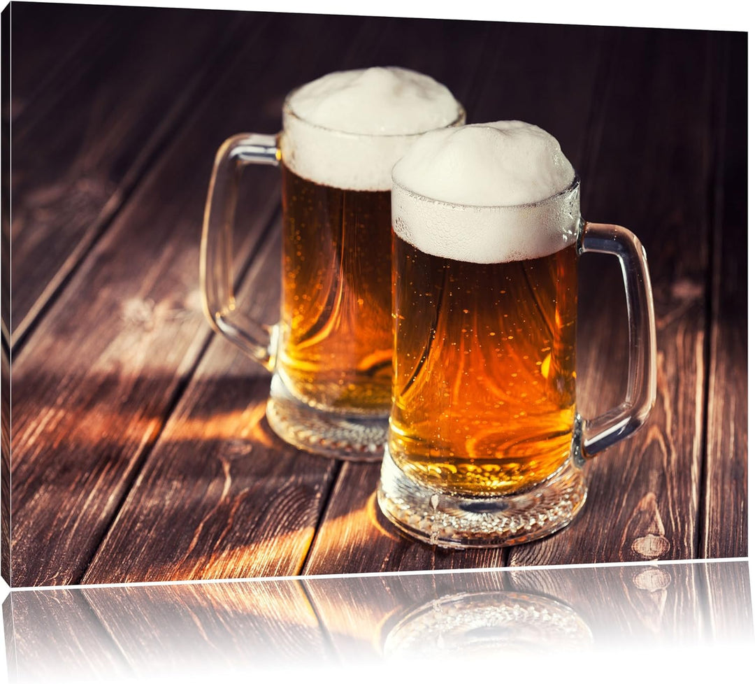 Zwei Masskrüge Bier , Format: 100x70 auf Leinwand, XXL riesige Bilder fertig gerahmt mit Keilrahmen,