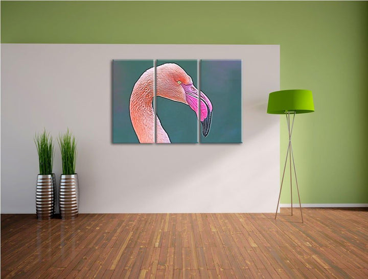 Flamingo im Seitenprofil Spezial 3-Teiler Leinwandbild 120x80 Bild auf Leinwand, XXL riesige Bilder