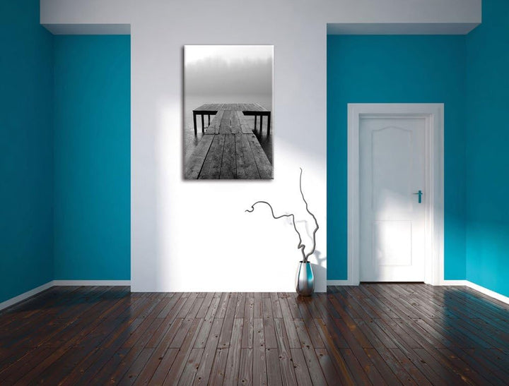 Steg am See Nebel, Format: 100x70 auf Leinwand, XXL riesige Bilder fertig gerahmt mit Keilrahmen, Ku