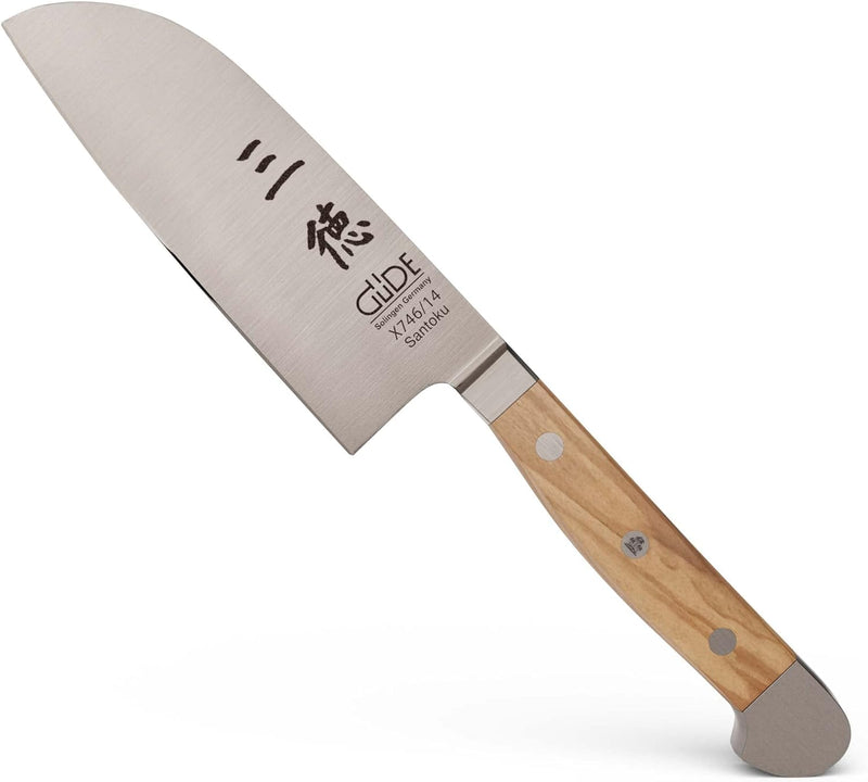 GÜDE Solingen - Santoku Messer geschmiedet, 14 cm, Olivenholz, ALPHA OLIVE, Doppelkropf, Handmade Ge