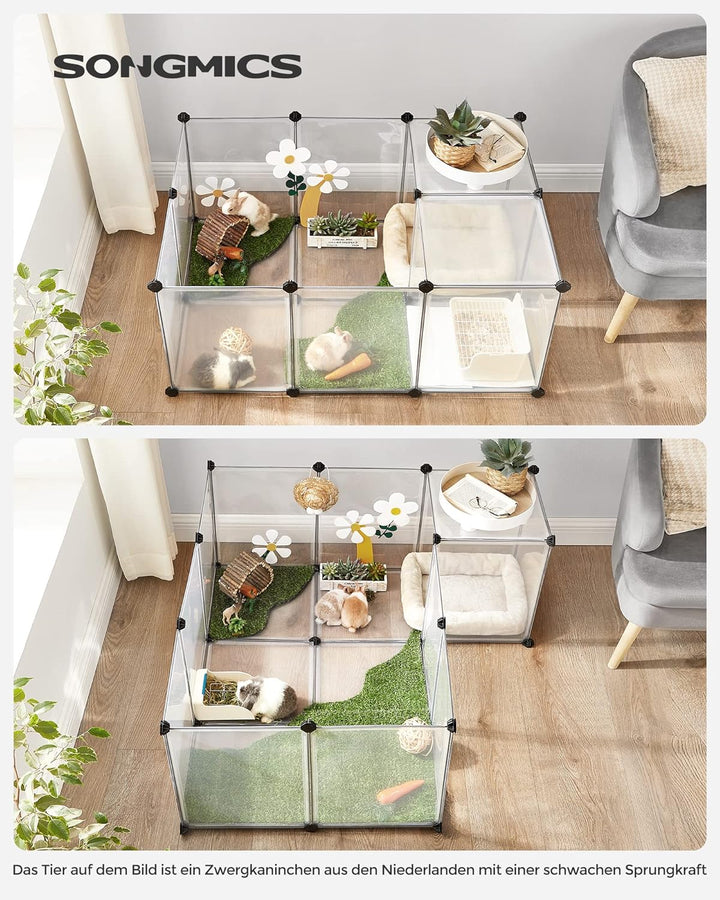 SONGMICS Freigehege mit Bodenplatten, Laufstall, Meerschweinchen Gehege, aus Kunststoff, Gehege für