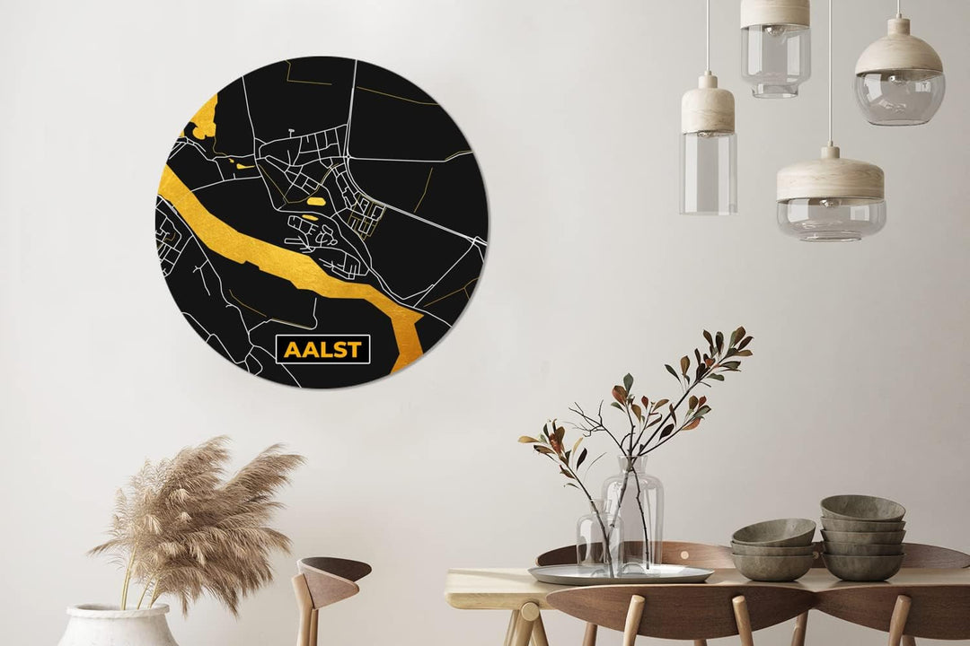 MuchoWow Wandbild Rund Wanddeko Deko Wohnzimmer Bilder 90x90 cm Karte - Gold - Aalst - Karte - Stadt