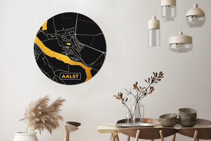 MuchoWow Wandbild Rund Wanddeko Deko Wohnzimmer Bilder 90x90 cm Karte - Gold - Aalst - Karte - Stadt