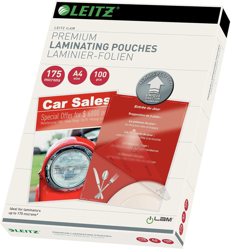 Leitz Heisslaminierfolien A4 175 mic, Laminierfolien in Premium-Qualität im 100er Pack, Glänzend, Tr