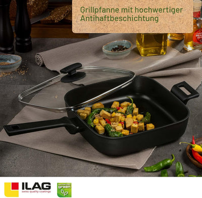 KHG Greenline Grillpfanne 29 x 29 cm, Induktion, 4 Liter Volumen | Nachhaltig aus 100% recycelten Al