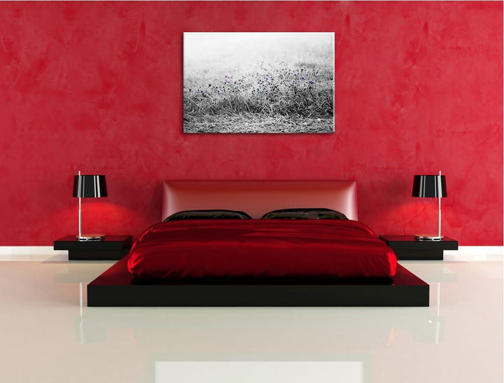 Distel Feld im Retro Look schwarz/weiss Format: 100x70 auf Leinwand, XXL riesige Bilder fertig gerah