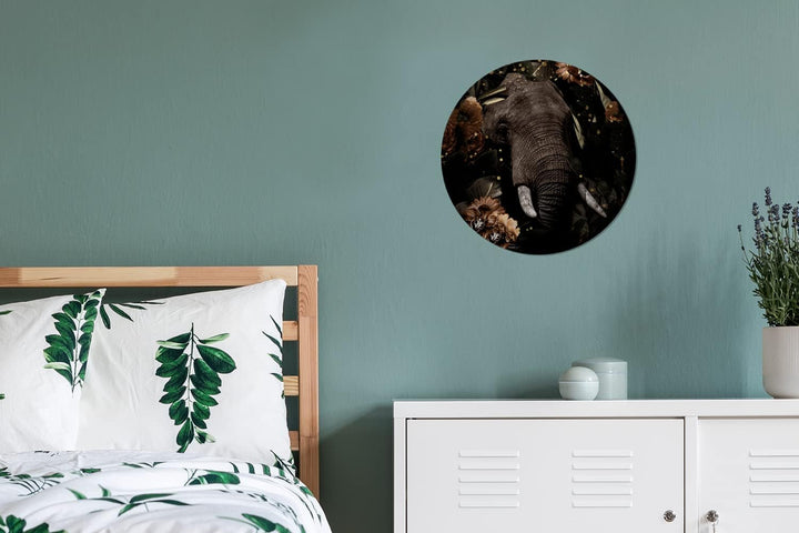 MuchoWow Wandbild Rund Wanddeko Deko Wohnzimmer Bilder 30x30 cm Elefant - Blumen - Licht - Botanisch