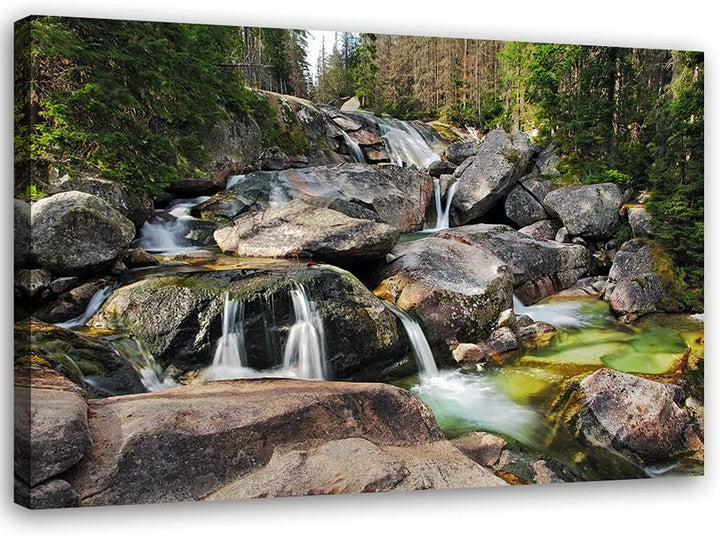 Feeby Vlies Leinwandbild Bäume Wasserfall Kaskade 90x60 cm Wand Bild Kunstdruck Deko Wohnzimmer Wohn