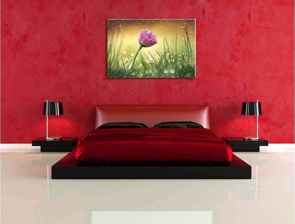 Pixxprint rosa Gänseblümchen im Gras Kunst Buntstift Effekt, Format: 100x70 auf Leinwand, 100x70