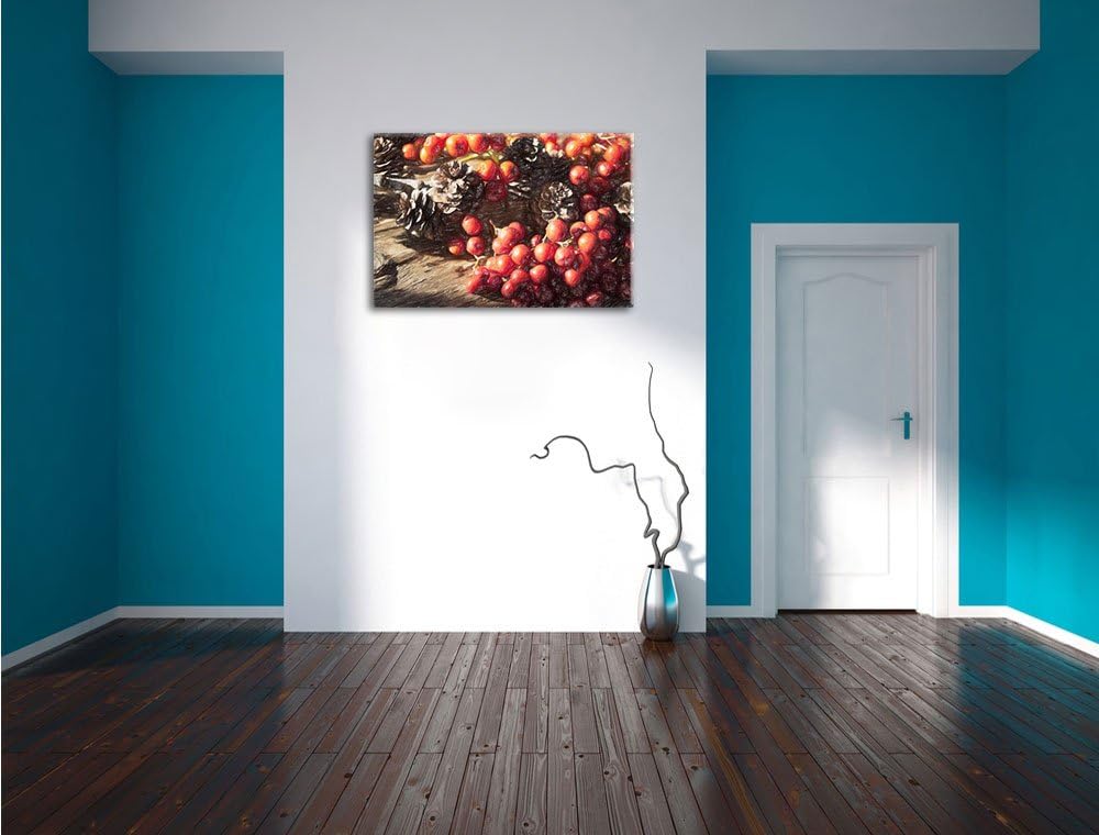 Pixxprint Vogelbeeren und Tannenzapfen als Leinwandbild/Grösse: 100x70 / Wandbild/Kunstdruck/fertig