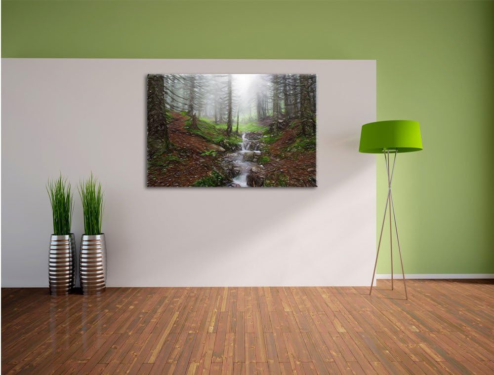 Pixxprint Bach im Wald / 100x70cm Leinwandbild bespannt auf Holzrahmen/Wandbild Kunstdruck Dekoratio