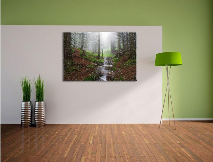 Pixxprint Bach im Wald / 100x70cm Leinwandbild bespannt auf Holzrahmen/Wandbild Kunstdruck Dekoratio