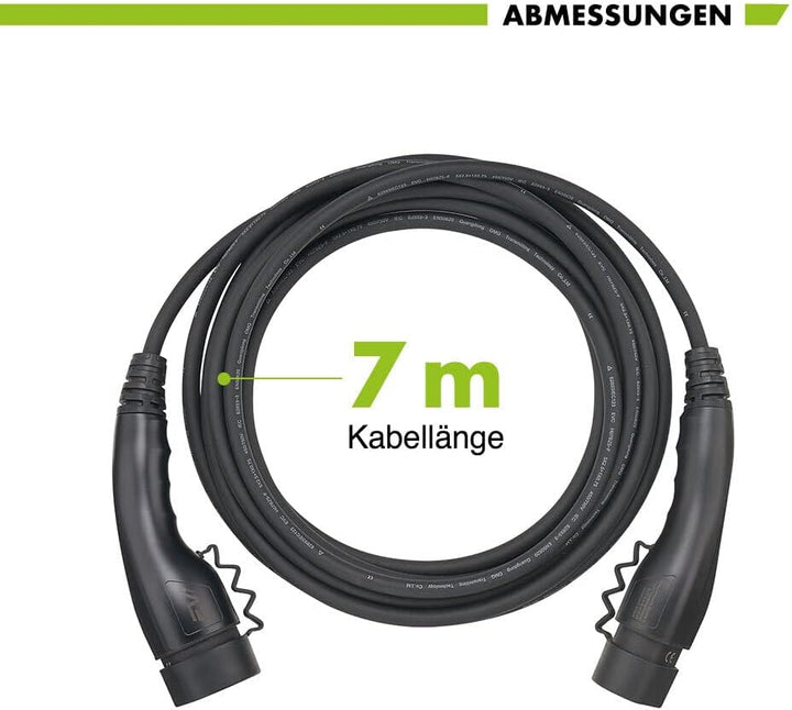 EV1 Typ 2 Ladekabel Elektroauto 22kW 32A 7 Meter 3-phasig Kabel mit IP55 zum Laden für Hybrid & E-Au