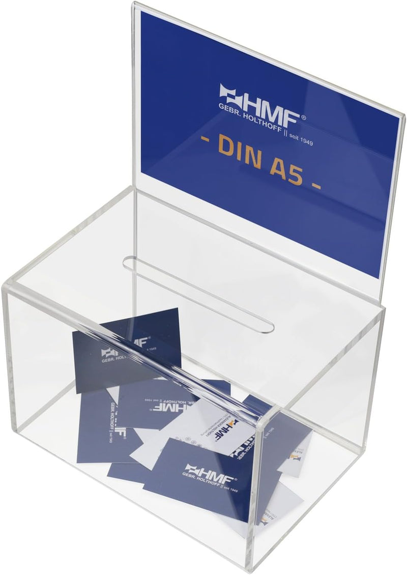 HMF 46916 Acryl Spendenbox mit Blatteinschub | 22 x 15 x 15 cm | DIN A4 | Transparent