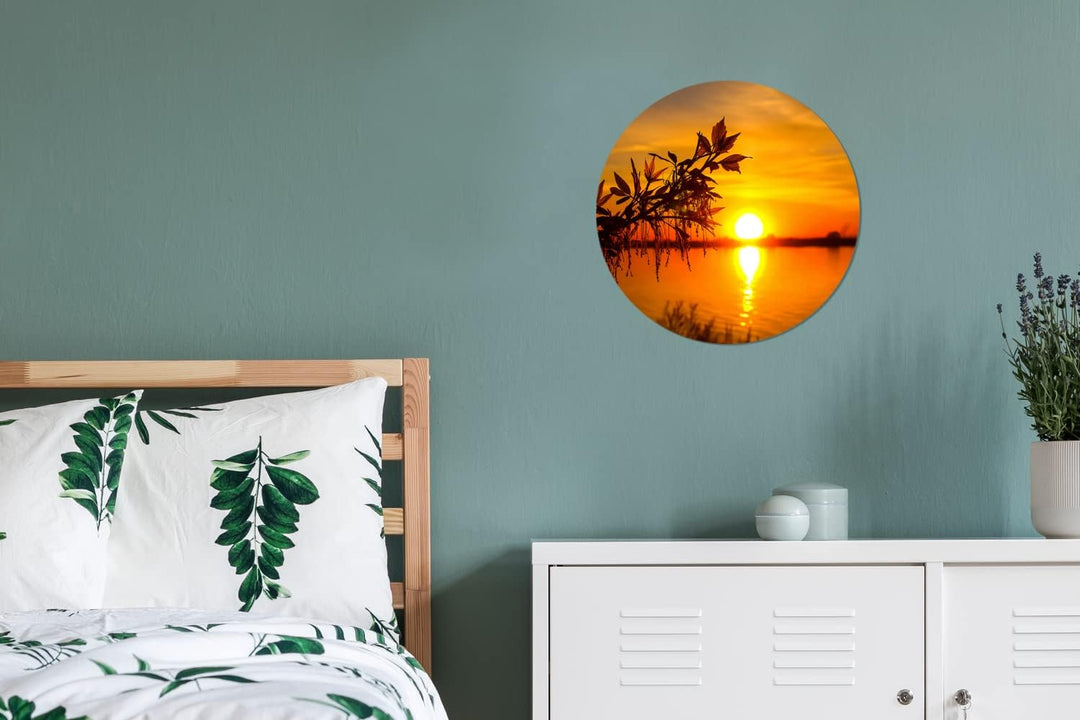 MuchoWow Wandbild Rund Wanddeko Deko Wohnzimmer Bilder 30x30 cm Sonnenuntergang - Wasser - Pflanzen