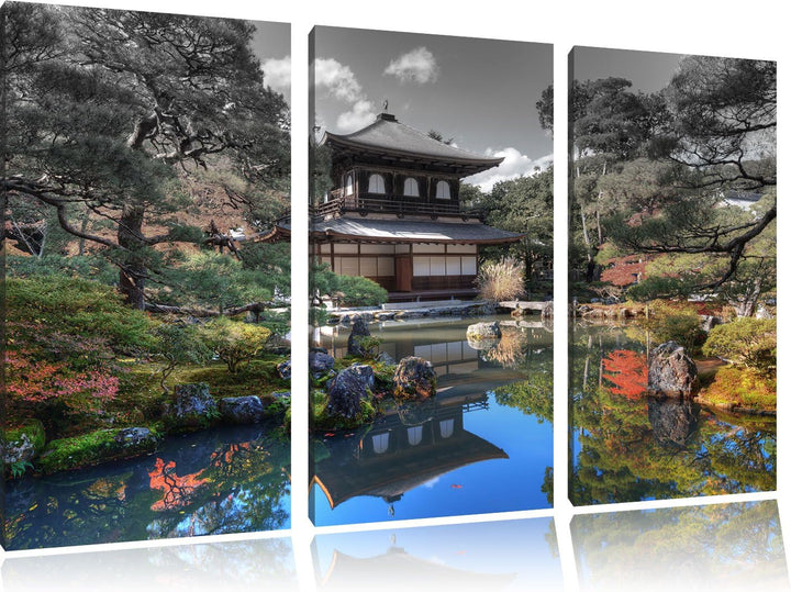 Pixxprint Ginkaku-ji-Tempel in Kyoto / 3-Teilig/Gesamtmass 120cm Leinwandbild bespannt auf Holzrahme