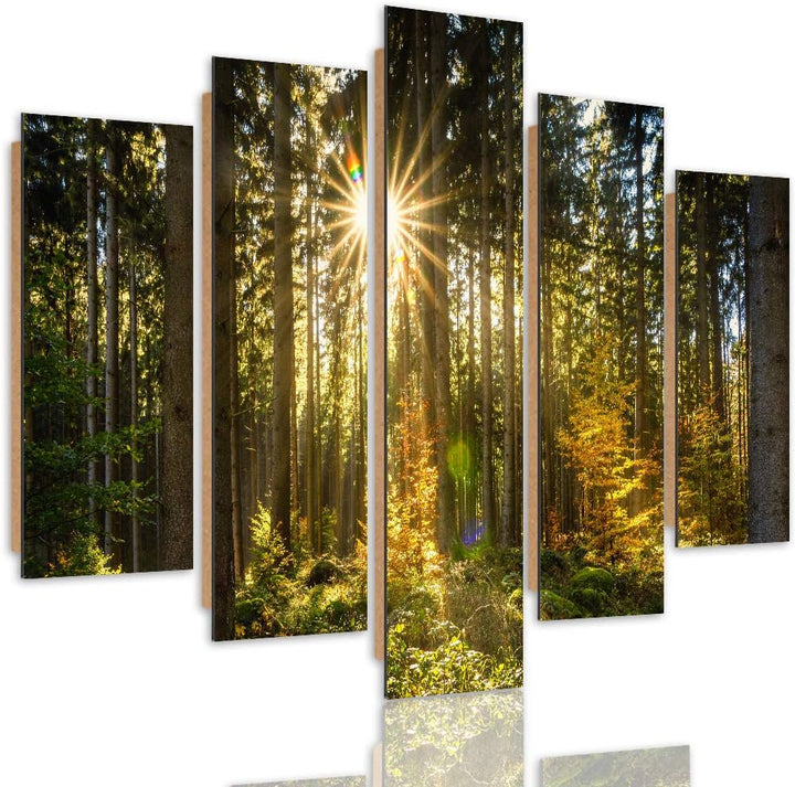 Feeby Bilder Modern Landschaft 5 Teilig Design Art Wald Sonnenstrahlen gelb 100x70 cm Deco panel 100