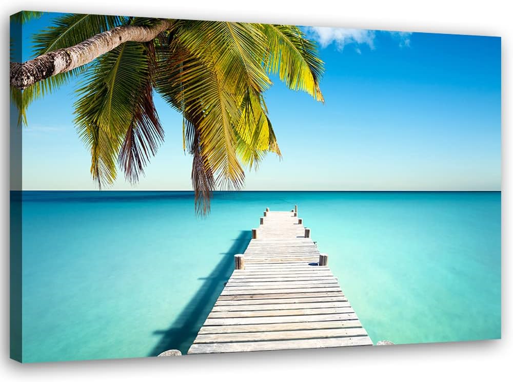 Feeby Vlies Leinwandbild Strand Palme Seebrücke Ozean 90x60 cm Druckbild Wandbild Wanddekoration Dek