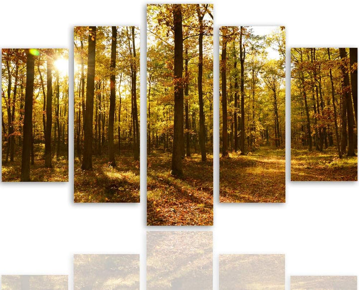 Feeby Leinwandbild 5 Teilig Landschaft Bild Wanddeko Blätter Wald Bäume orange 200x100 cm Leinwandbi