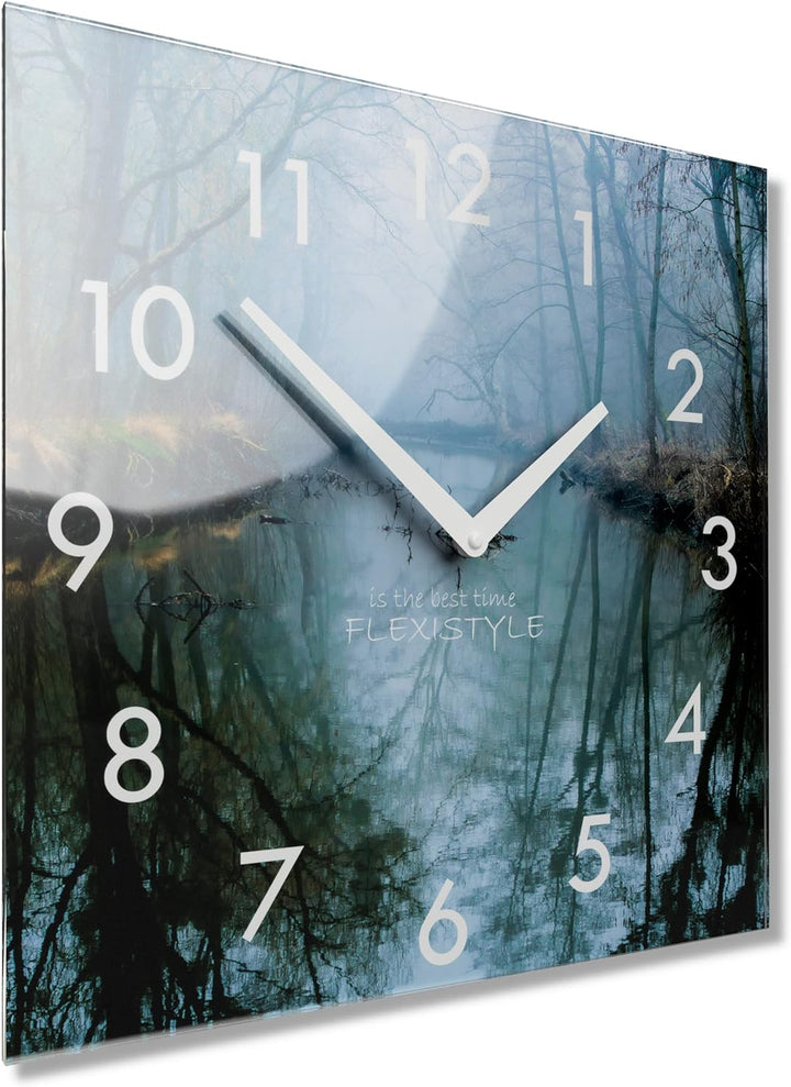 Wanduhr küche Wohnzimmer 30 x 30 cm, aus Glas, mit Direktdruck eckig modern (FLUSS), FLUSS