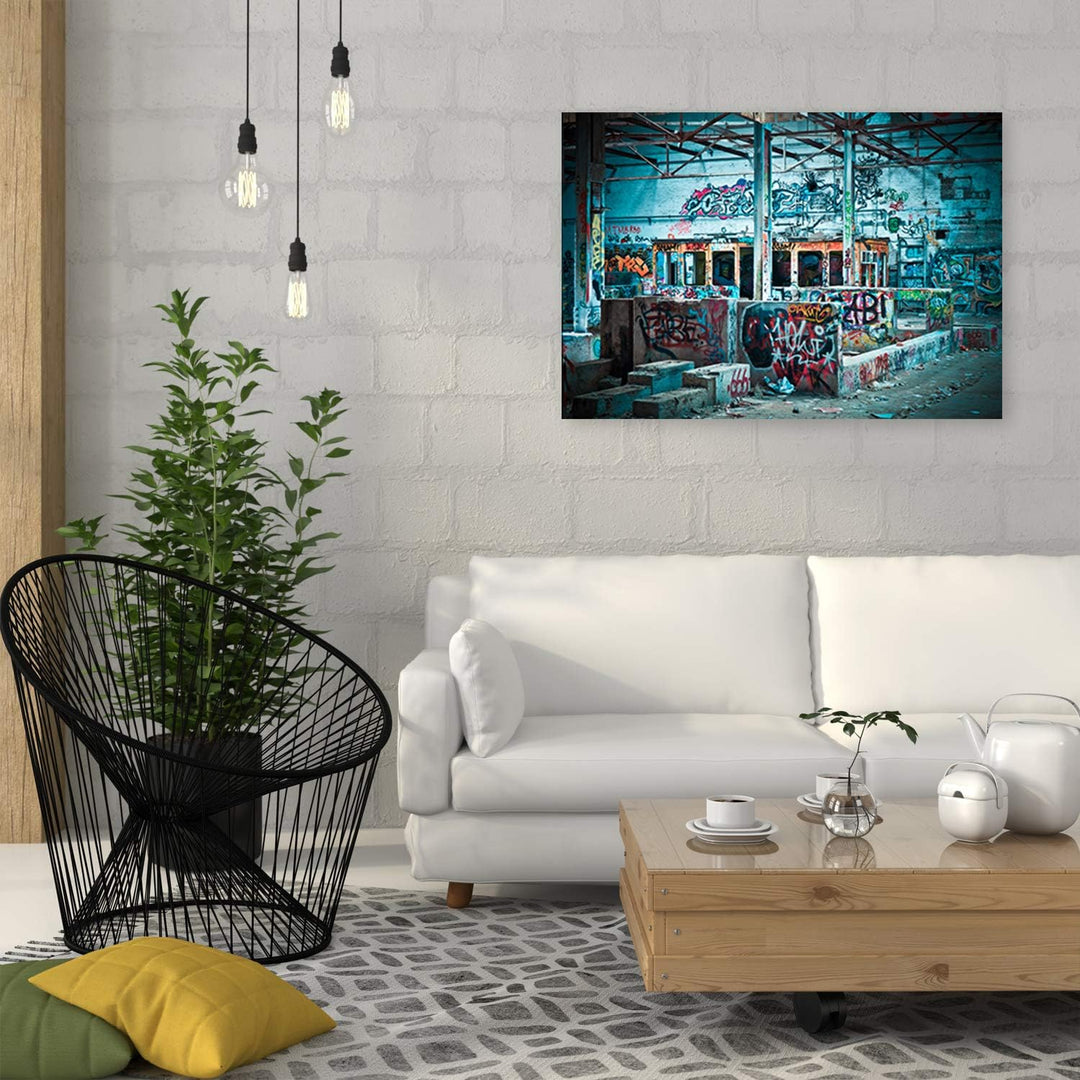 Feeby Wanddeko Graffiti Kunst modern Bilder Architektur Blau 100x70 cm Deko Paneel 100x70 cm Blau_a,