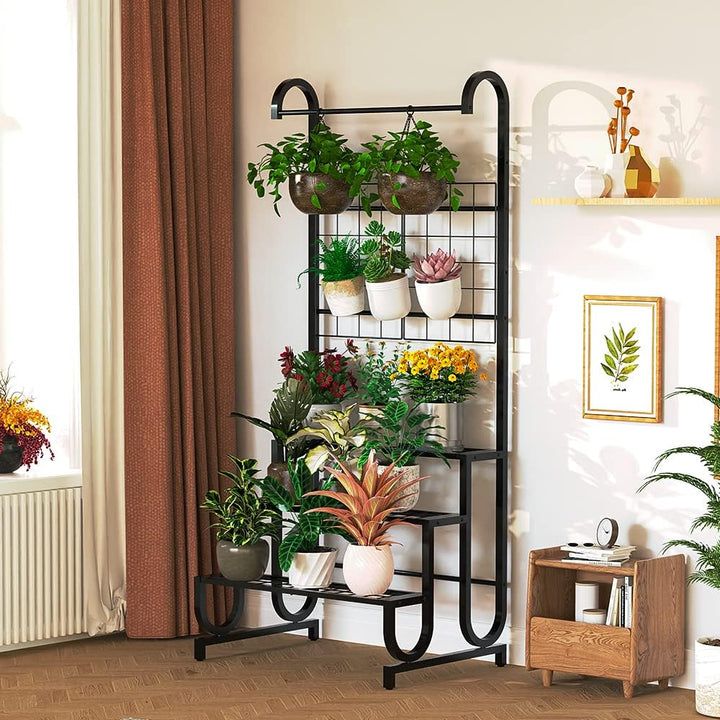 Bomclap Pflanzenregal mit Rankgitter, 3 Ebenen Blumenregal Pflanzenständer aus Metall, Heavy duty Bl